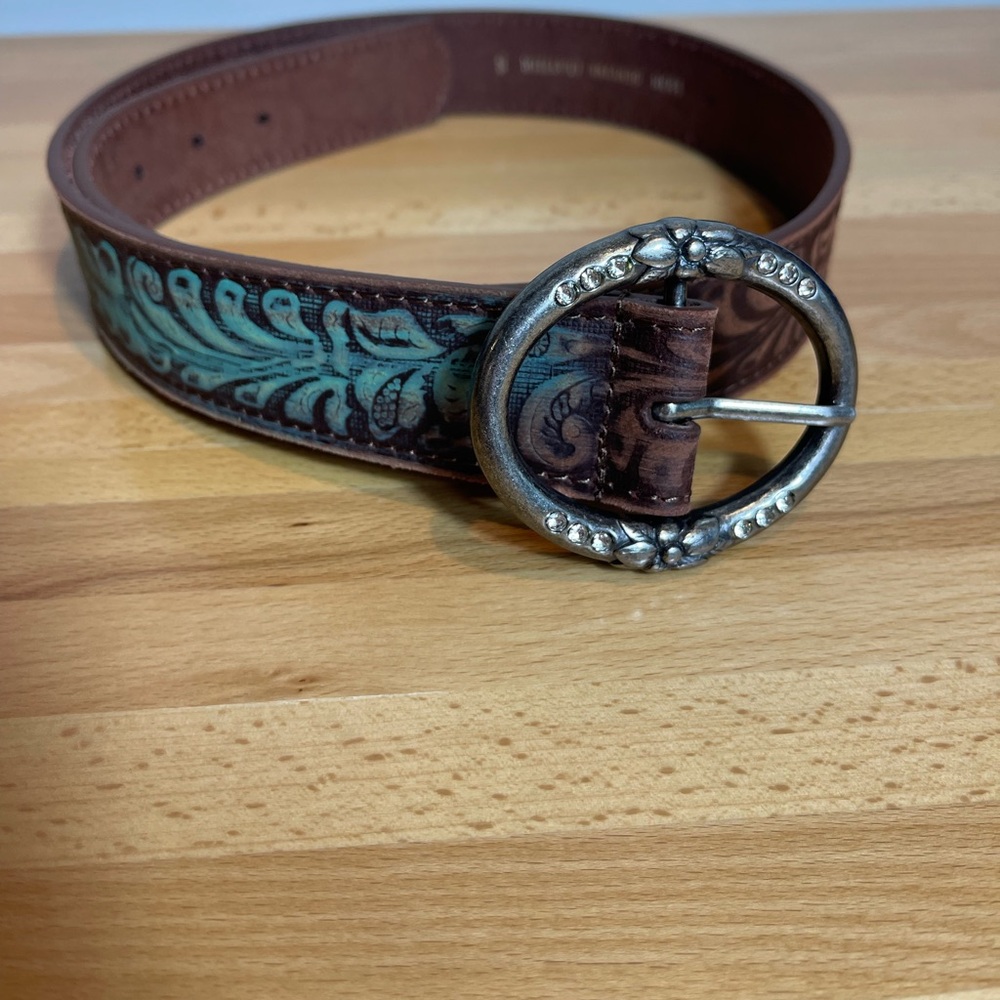 Women’s Leather Ring Buckle Floral Embossed Western Turquoise Belt Size Small